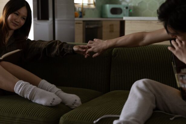 couple cozy couch conversation indoor light